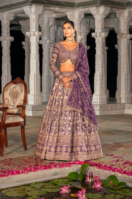 Purple banarasi silk lehenga choli with marodi work