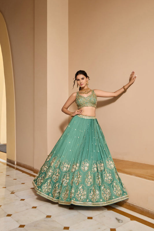 Sea green silk lehenga choli with thread embroidery and sequins work