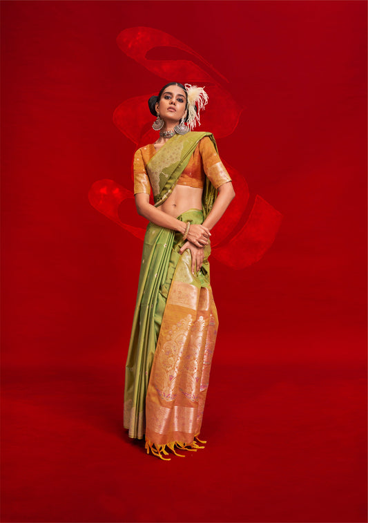 Green Kontessa Tussar Silk Handloom Saree with ikkat Pallu