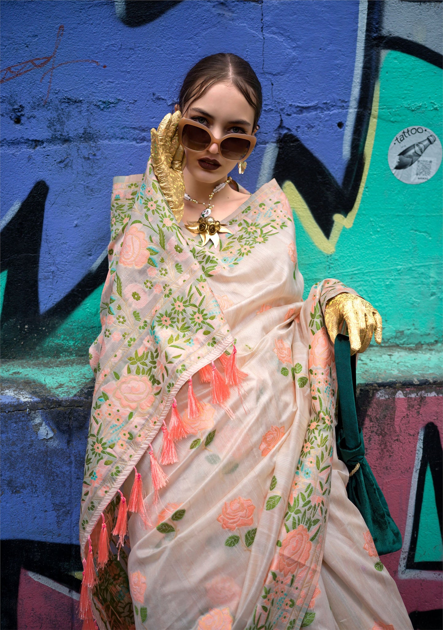 Cream Krafitti Parsi weave handloom Silk Saree