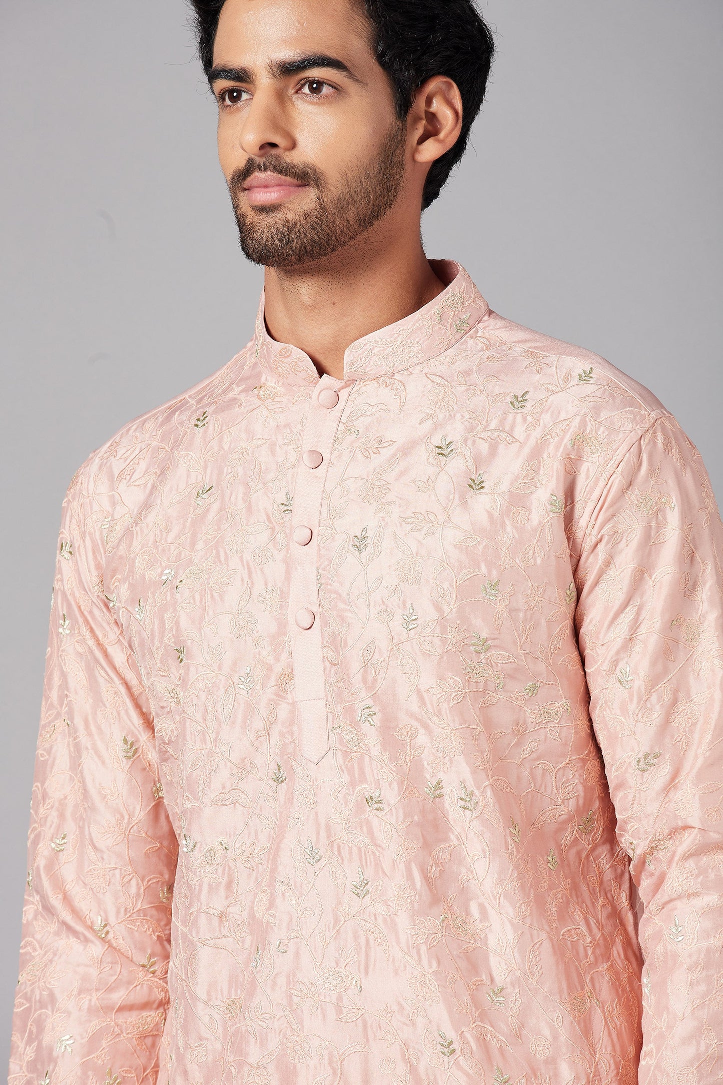 Peach Dupion Silk Machine Embroidery ( only Kurta )
