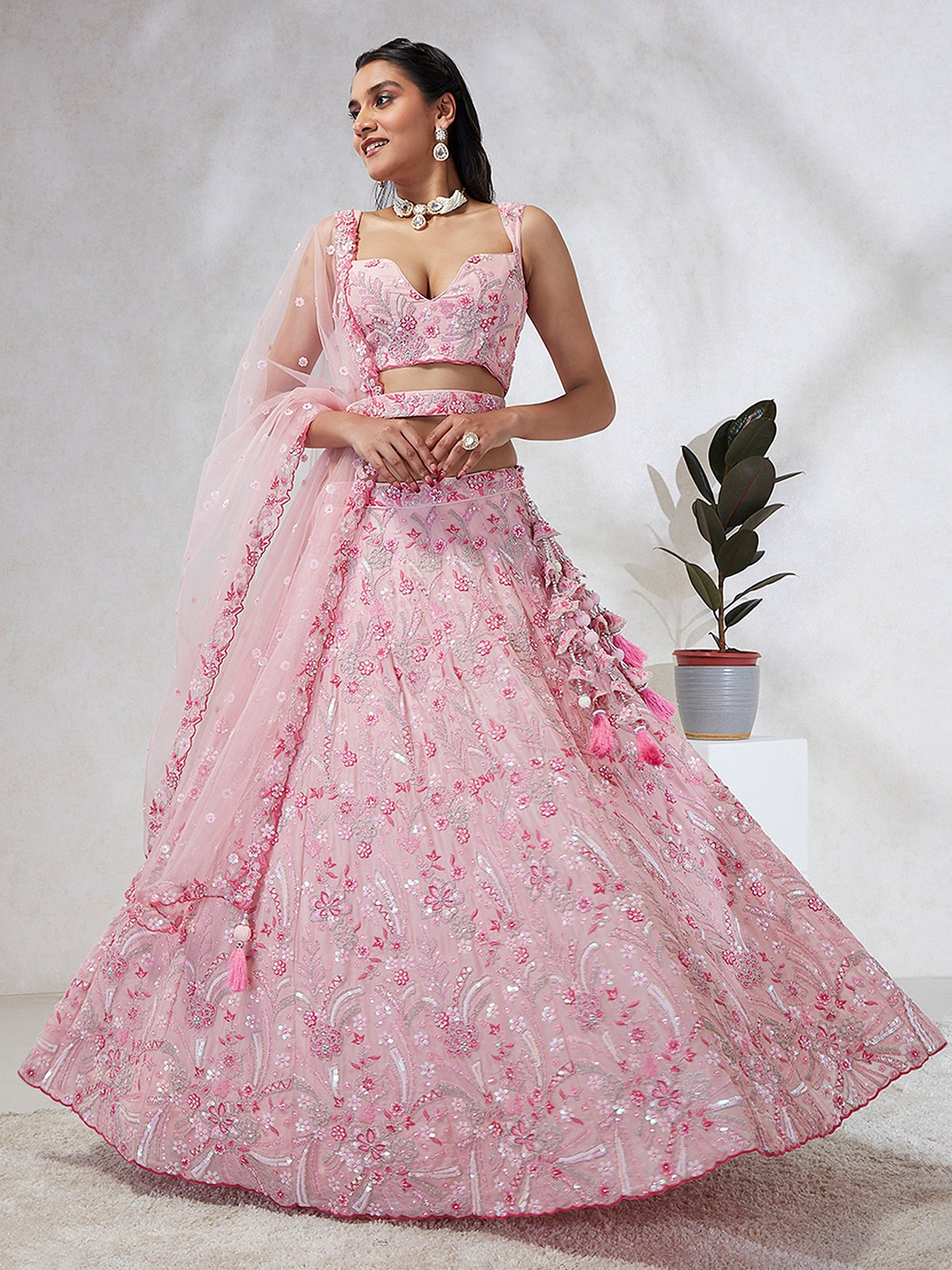 Pink Georgette Sequins and thread embroidery Lehenga
