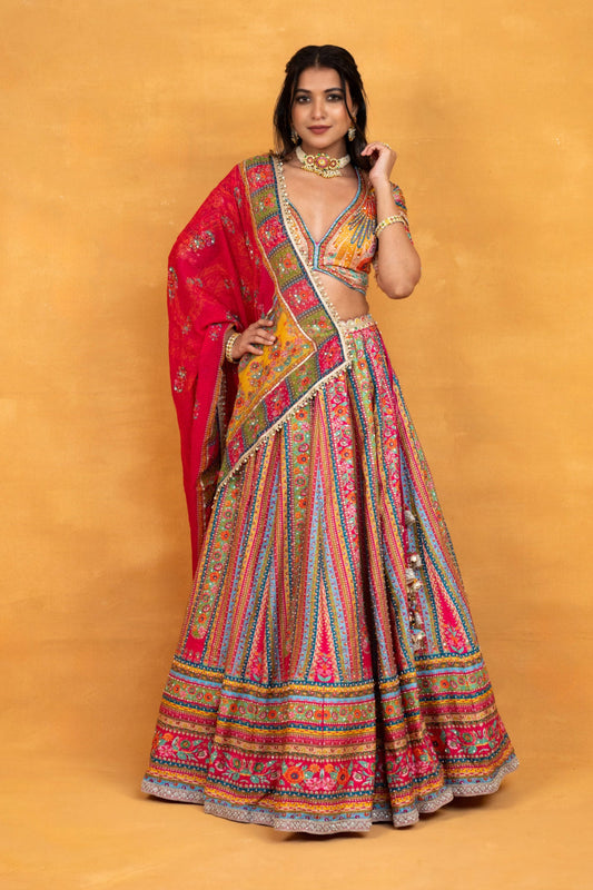 Multicolour printed soft silk lehenga choli with hand cut dana and pearls