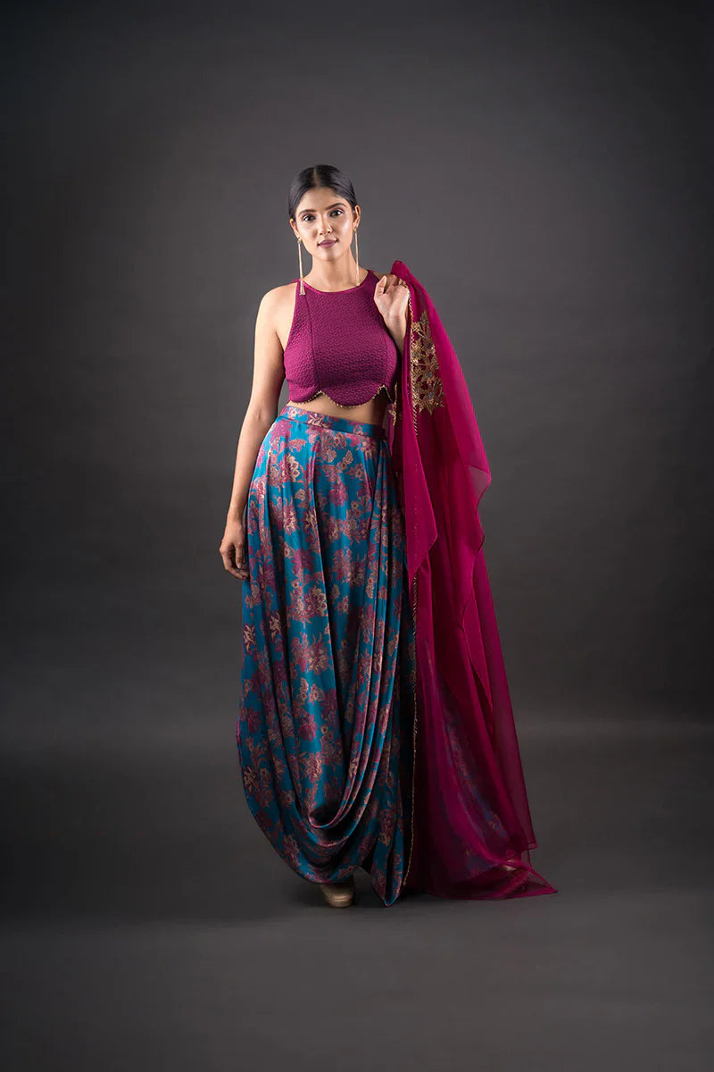 Wine Scalloped Edge Quilted Crop-Top with Draped Floral Skirt