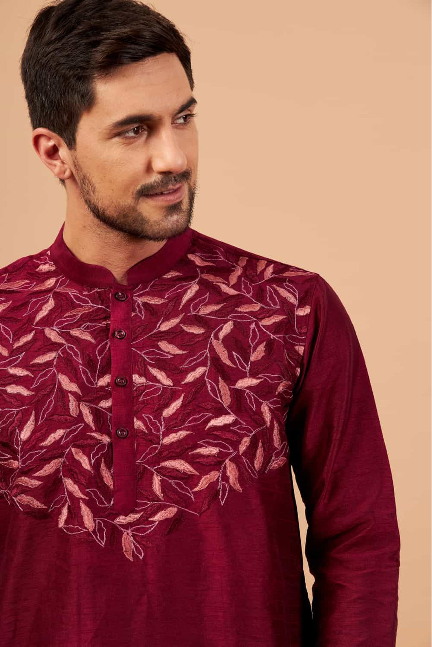 Magenta Semi Raw Silk Hand Embroidered ( only Kurta )