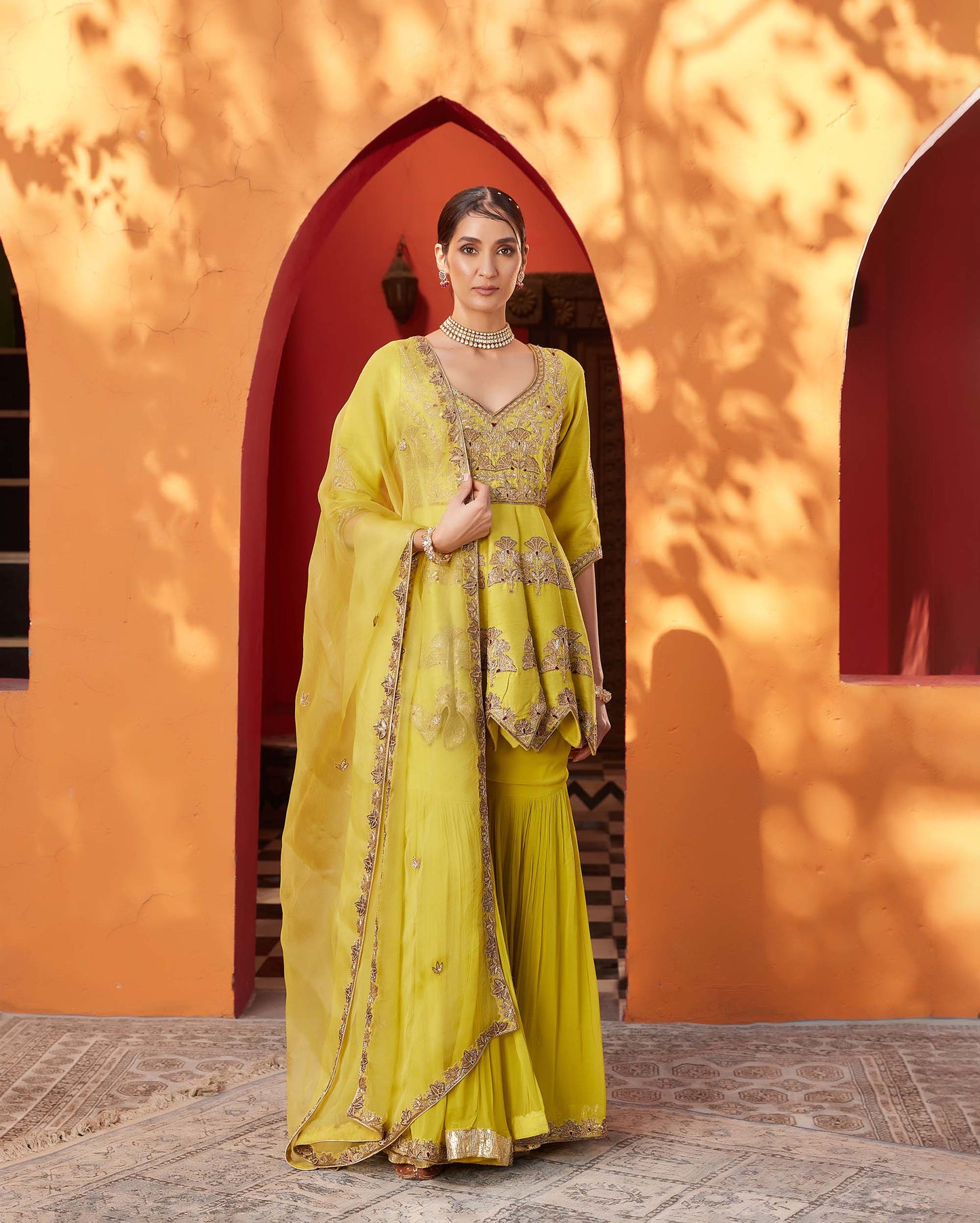 Mughal Yellow Raw Silk Embroidered Haldi Sharara