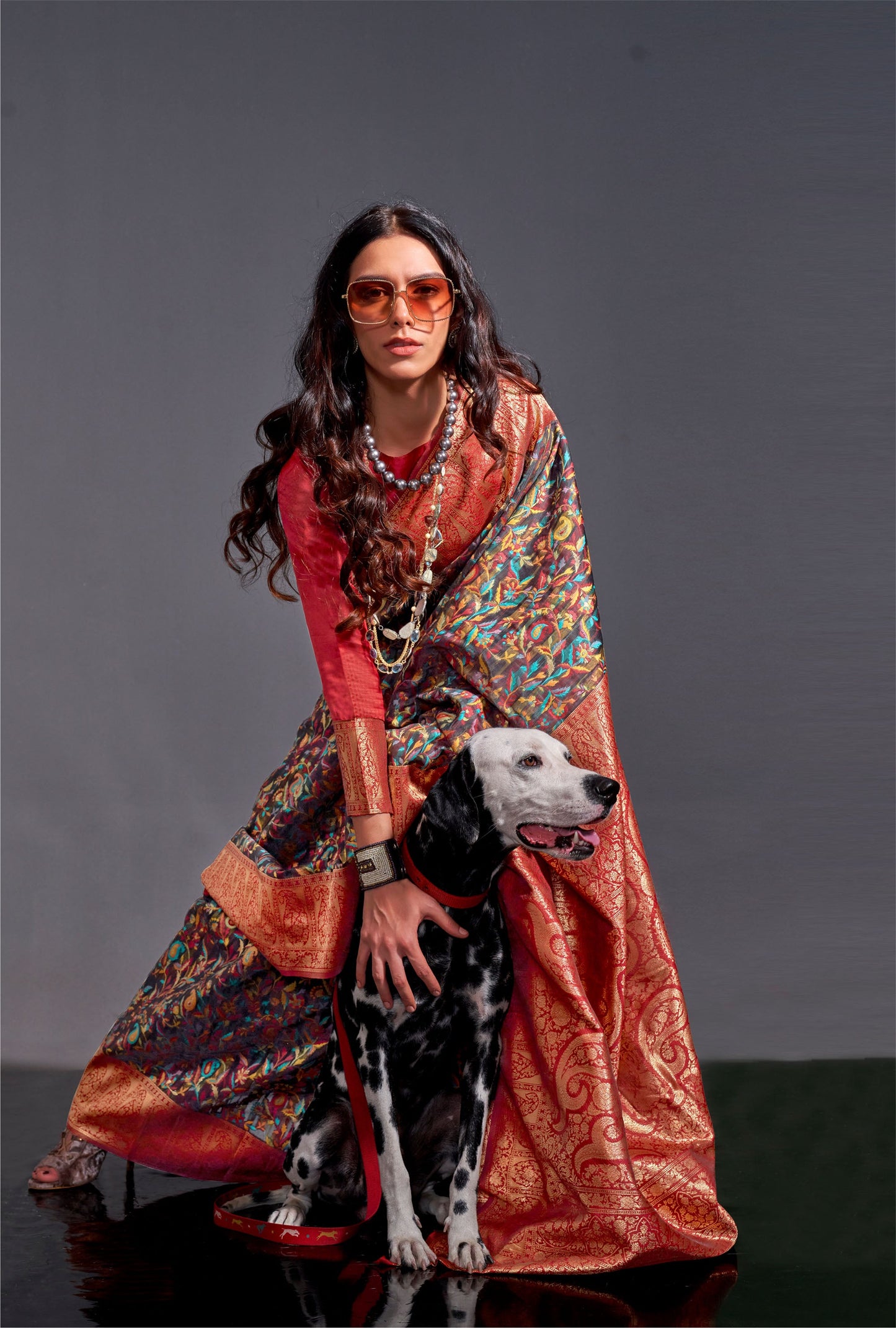 Black Multi color Knaaz Modal Kashmiri Chaap Handloom Saree