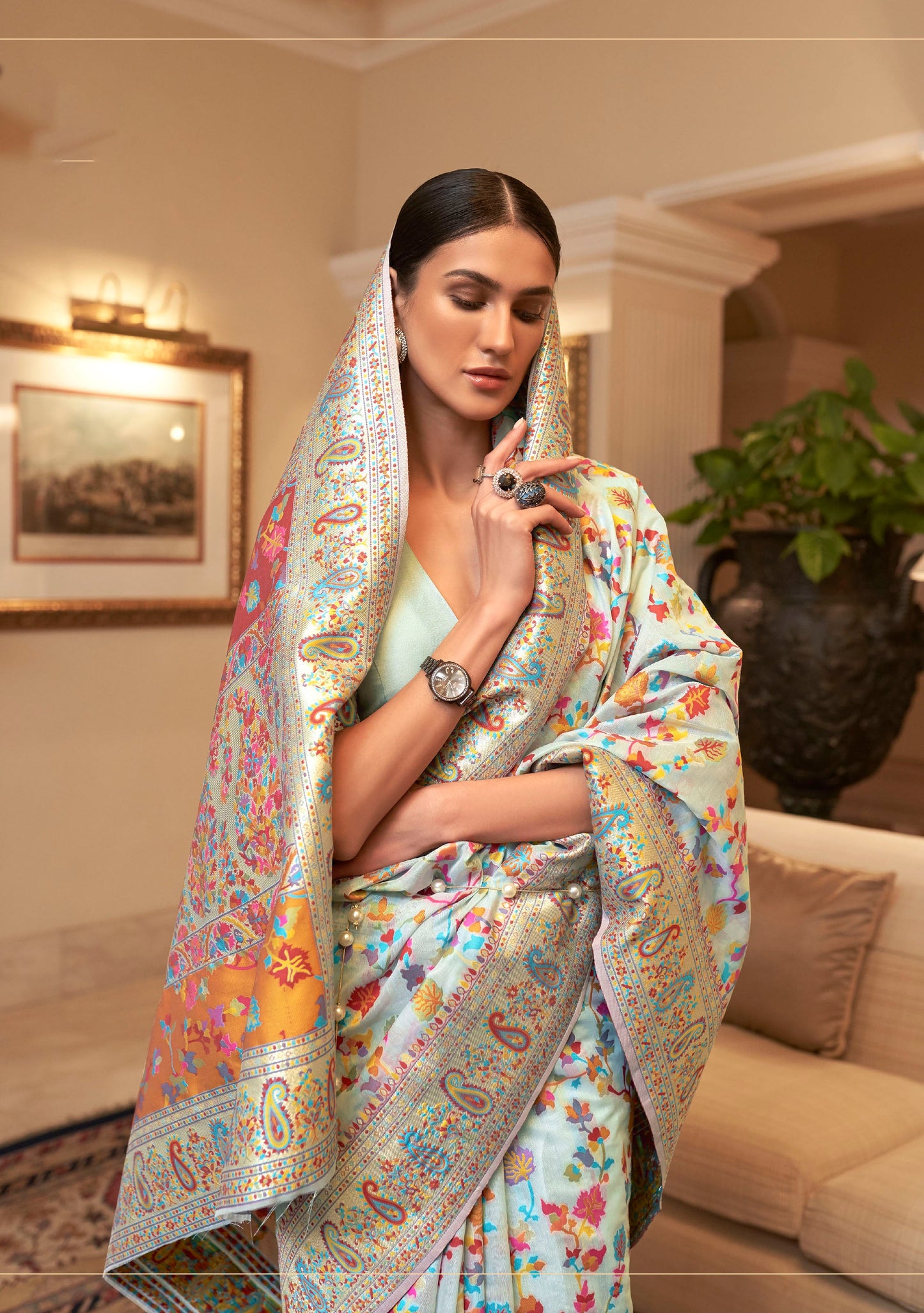 Sky Blue Kashmiri Silk Woven Saree