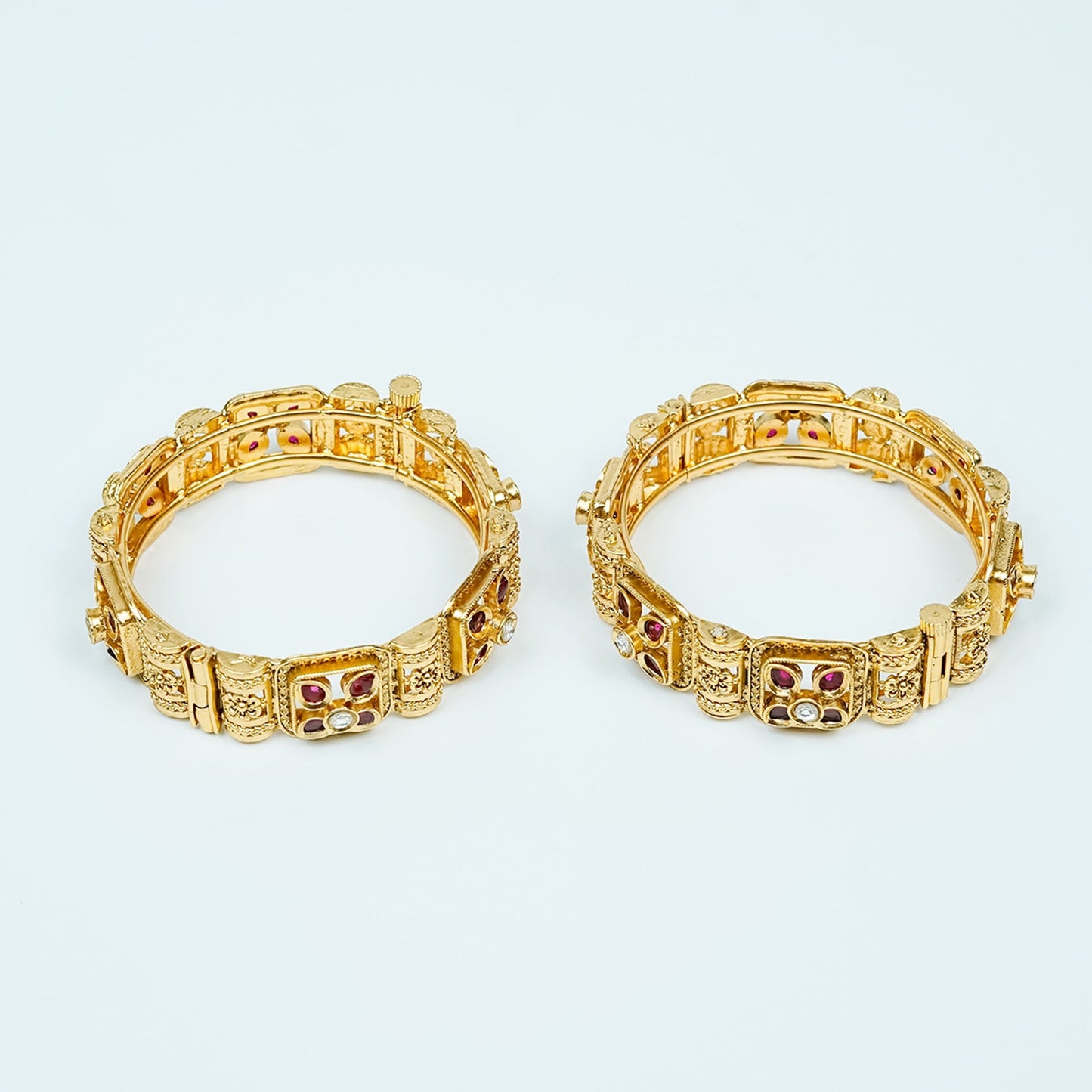 Zevar Club Set of 2 22K Gold-Plated Handcrafted Rajwadi Bangles with Ruby Red Stones & White Accents for Women