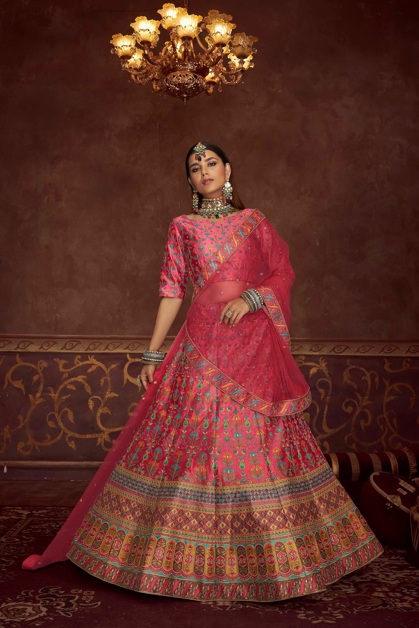 Pink Art Silk Wedding Wear Lehenga