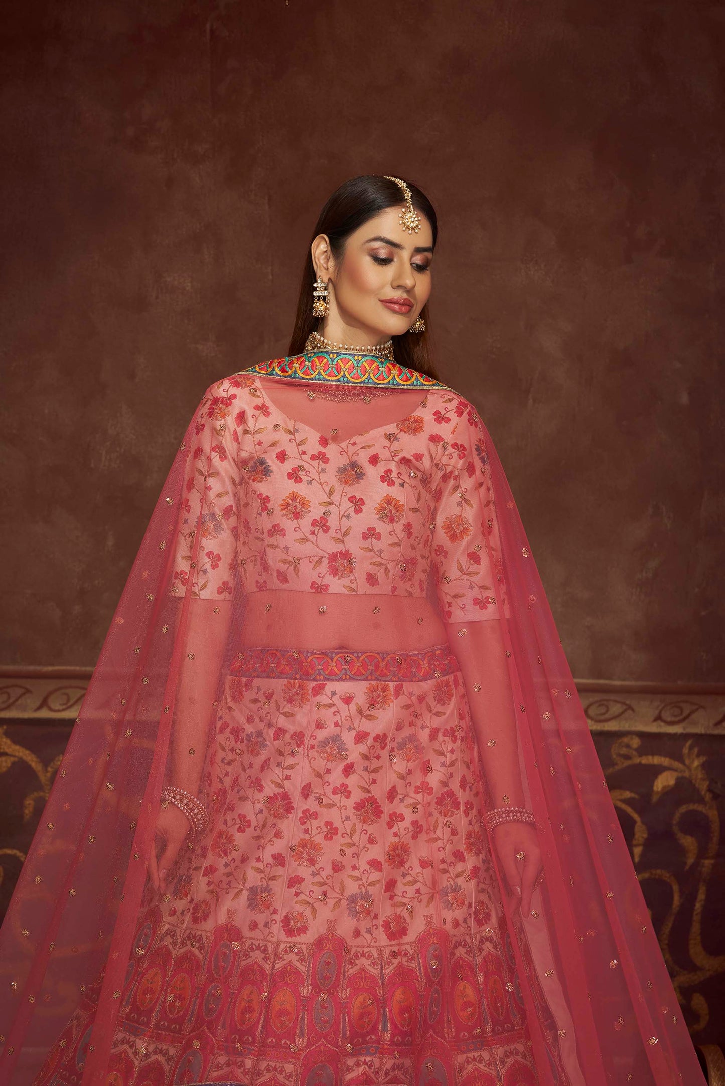 Peach Swarovski Silk Lehenga Choli