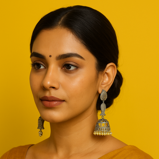 Zevar Club Oxidised Silver-Plated Dome-Shaped Handcrafted Jhumka Earrings with White Pearl Beads