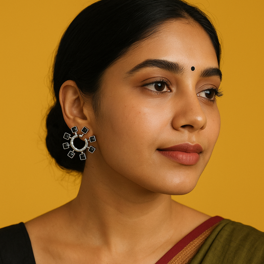 Zevar Club Oxidised Silver-Plated Black AD Studded Half-Hoop Earrings