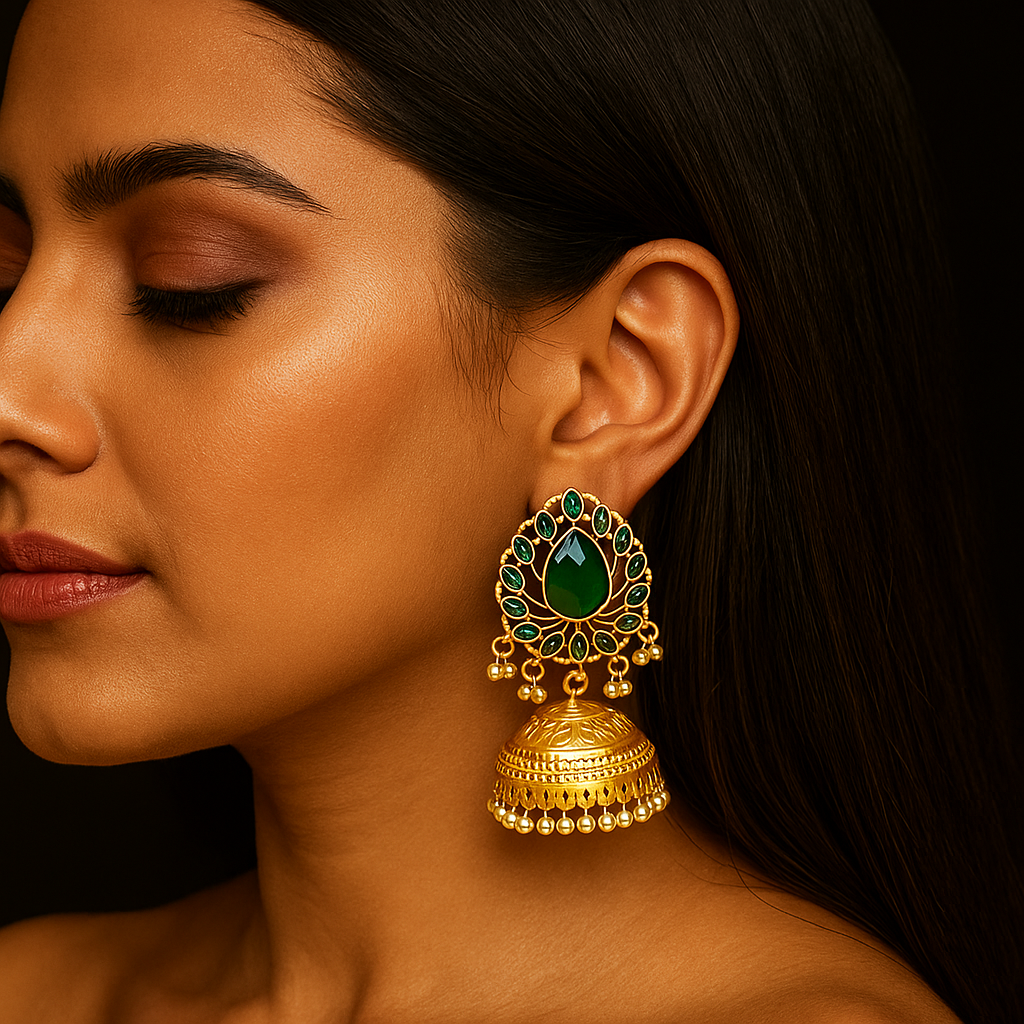 Zevar Club 22K Gold-Plated Ruby Red Stone Studded Jhumka Earrings with Pearl Drops