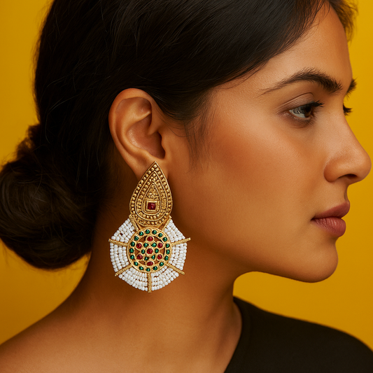 Zevar Club Gold-Toned Red & Green Stone Studded White Seed Beaded Circular Drop Earrings