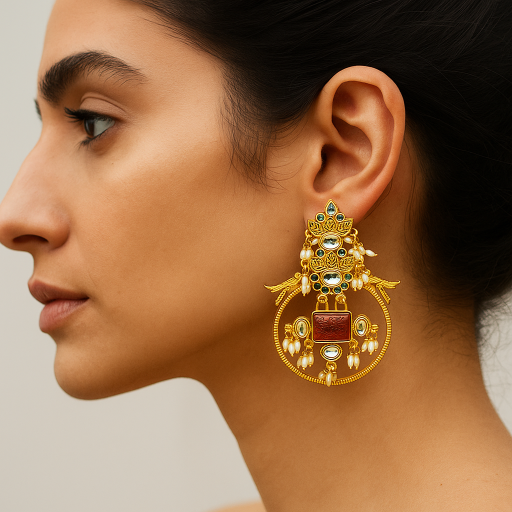 Zevar Club 18K Gold-Plated White Kundan Studded Bird Motif Drop Earrings with Pearls & Red Stone