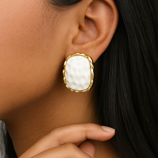 Zevar Club Gold Tone White Pearl-Textured Sculpted Frame Stud Earrings for Women