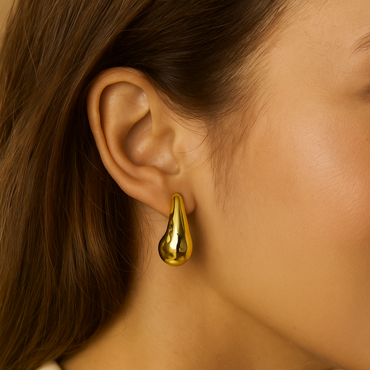 Zevar Club Gold Tone Stainless Steel Tarnish Free Waterproof Glossy Tear Drop-Shaped Stud Earrings for Women