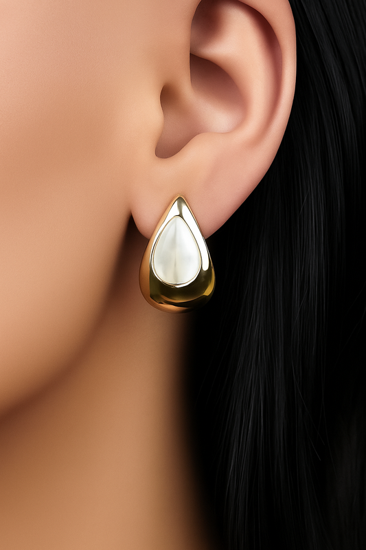 Zevar Club Glossy Gold Tone Stainless Steel Tarnish Free Waterproof Tear Drop-Shaped Mother of Pearl Stud Earrings for Women