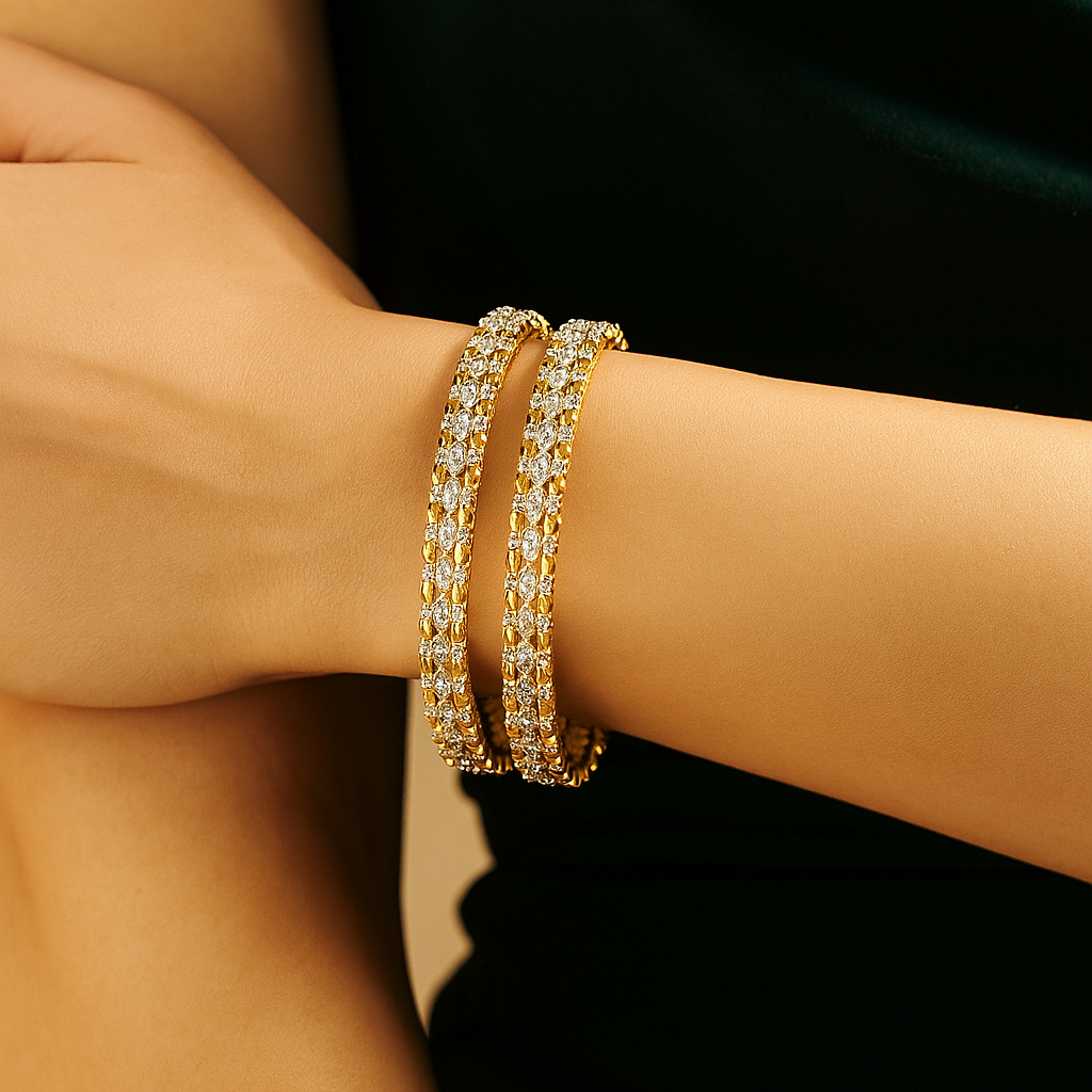 Zevar Club Set of 2 22K Gold-Plated Handcrafted AAA Cubic Zirconia Floral Vine Motif Premium Bangles