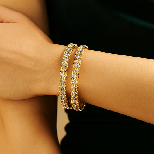 Zevar Club Set of 2 22K Gold-Plated Handcrafted AAA Cubic Zirconia Floral Vine Motif Premium Bangles