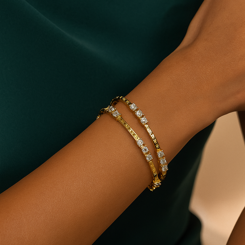 Zevar Club Set of 2 22K Gold-Plated Handcrafted AAA Cubic Zirconia Floral Cluster Premium Bangles