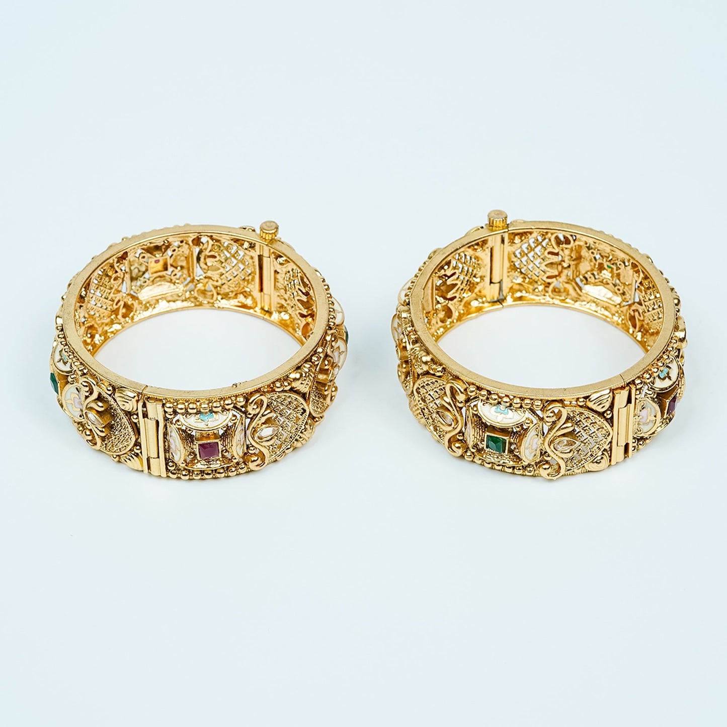 Zevar Club Set of 2 24K Gold-Plated Handcrafted Rajwadi Bangles with Ruby Red & Emerald Green Kundan Studded Floral & Embossed Motifs