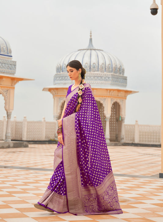 Purple Khadi Georgette Nylon Handloom Saree