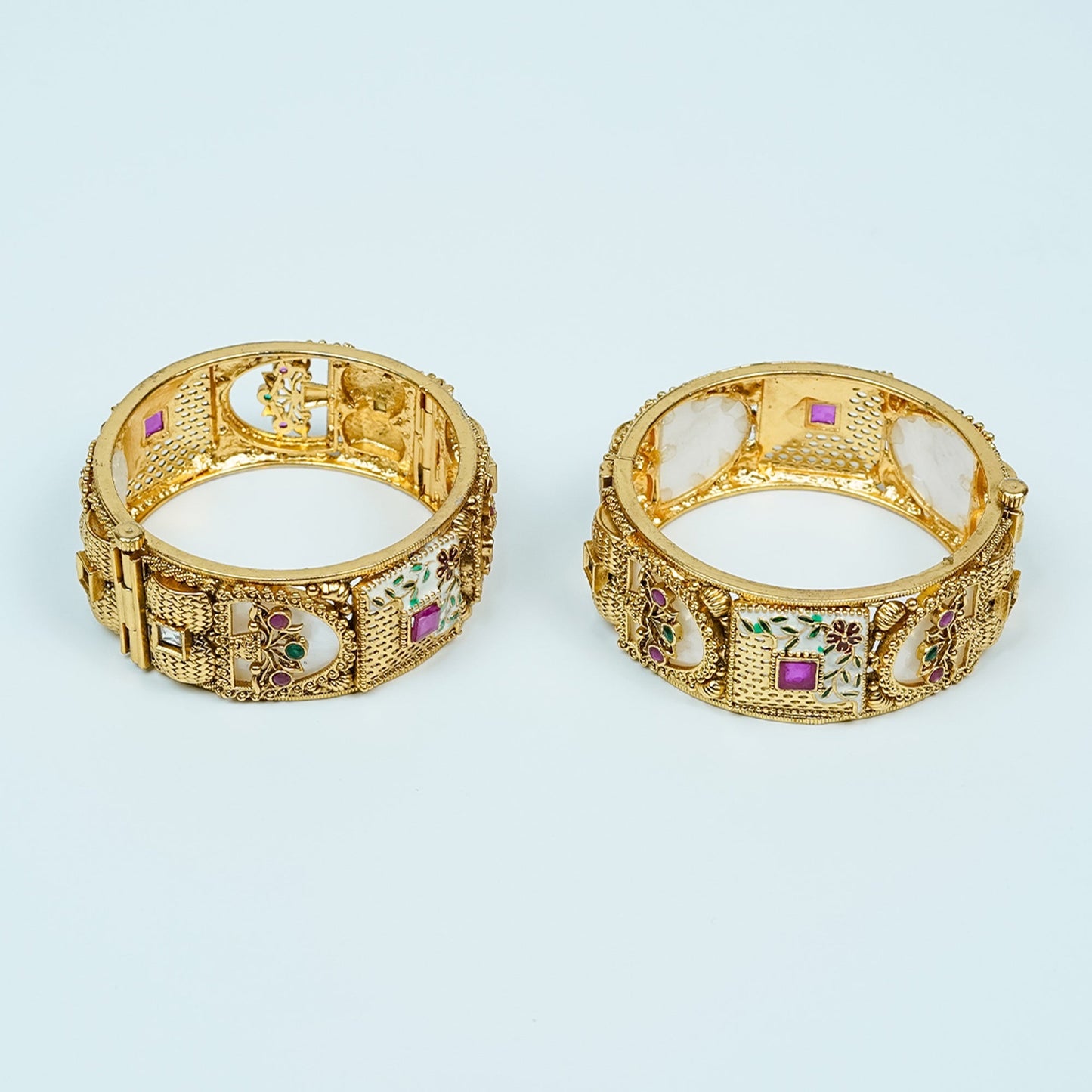 Zevar Club Set of 2 22K Gold-Plated Handcrafted Rajwadi Bangles with Ruby Pink & Emerald Green Kundan Studded Elephant Motifs