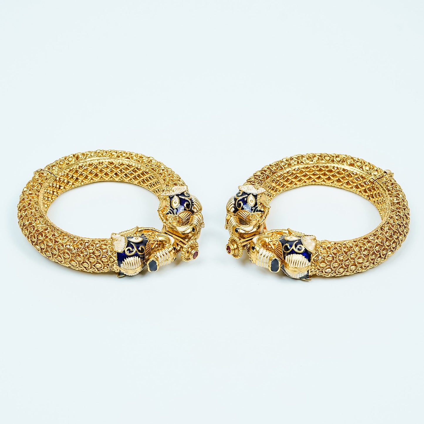 Zevar Club Set of 2 22K Gold-Plated Handcrafted Panther-Head Bangles with Blue Enamel & Black Stone Accents for Women