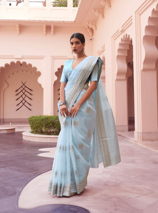 Blue Kavni Linen Woven Saree