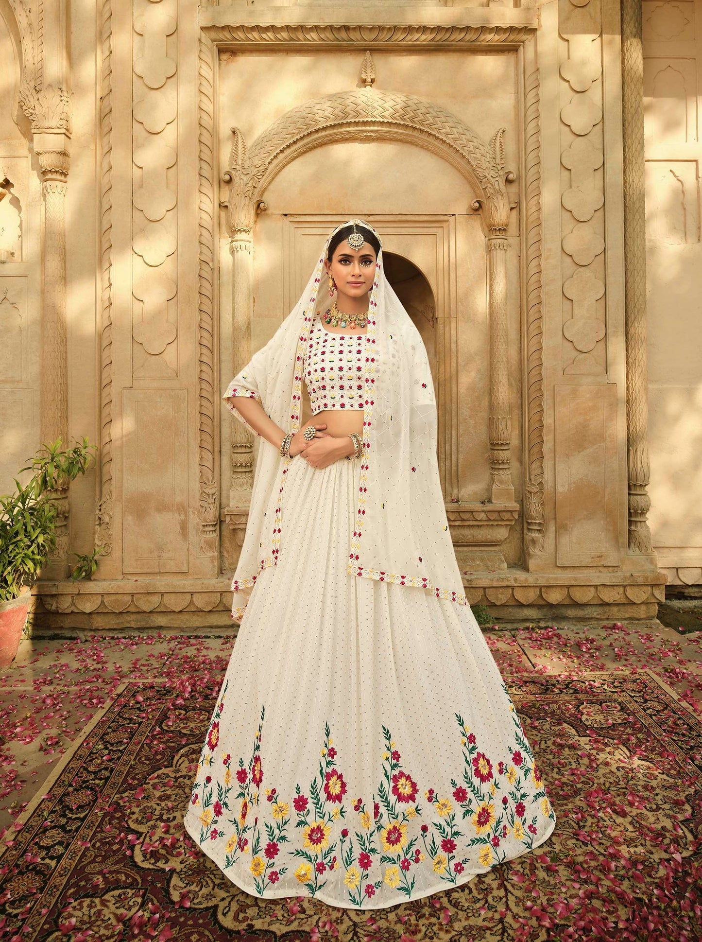 Beautiful Off-White Georgette Haldi Lehenga