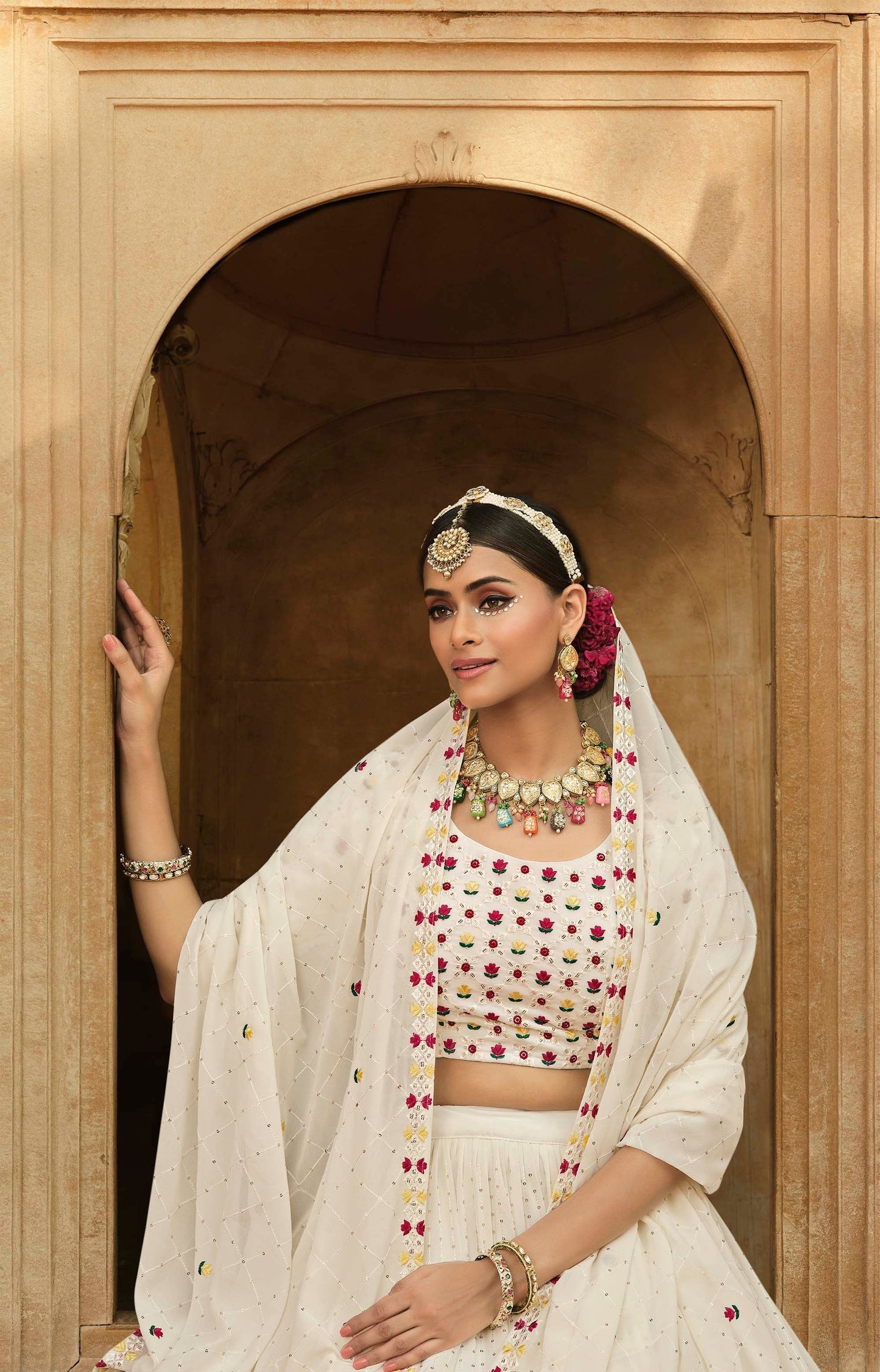 Beautiful Off-White Georgette Haldi Lehenga