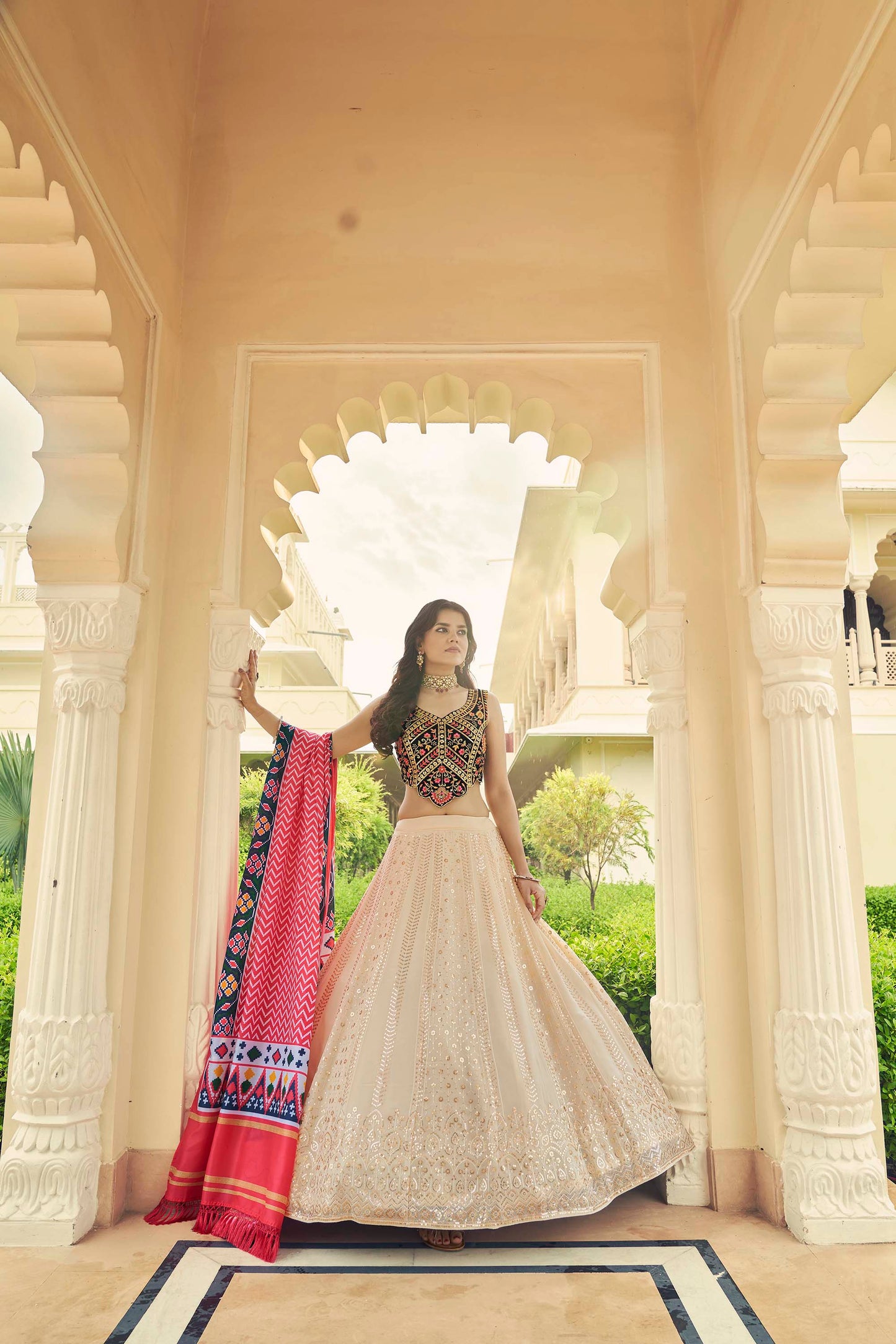 Wonderful Beige Sequins Work Georgette Bridesmaid Lehenga