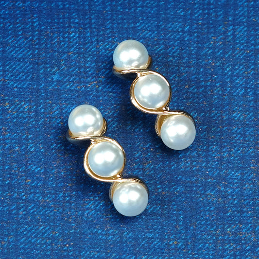 Zevar Club Rose Gold Tone Triple Glossy White Pearl Beaded Curved Wave Design Drop Earrings for Women