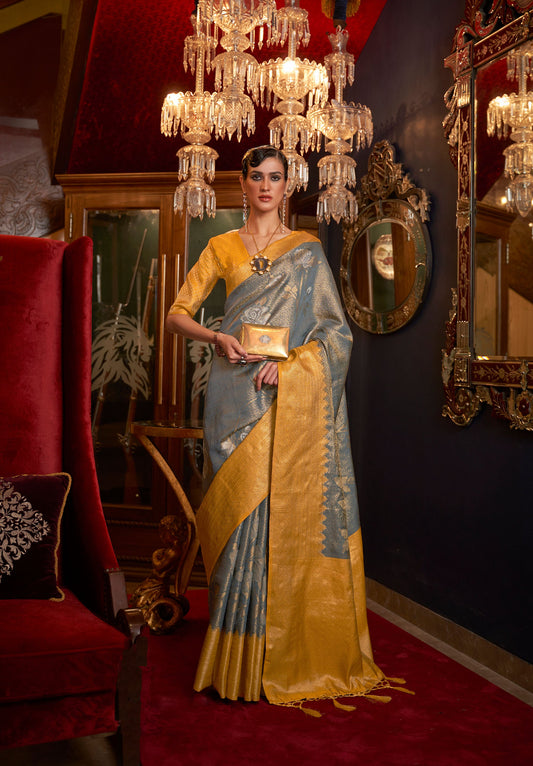 Metallic Blue Yellow Kshimmer Silk Handloom Saree