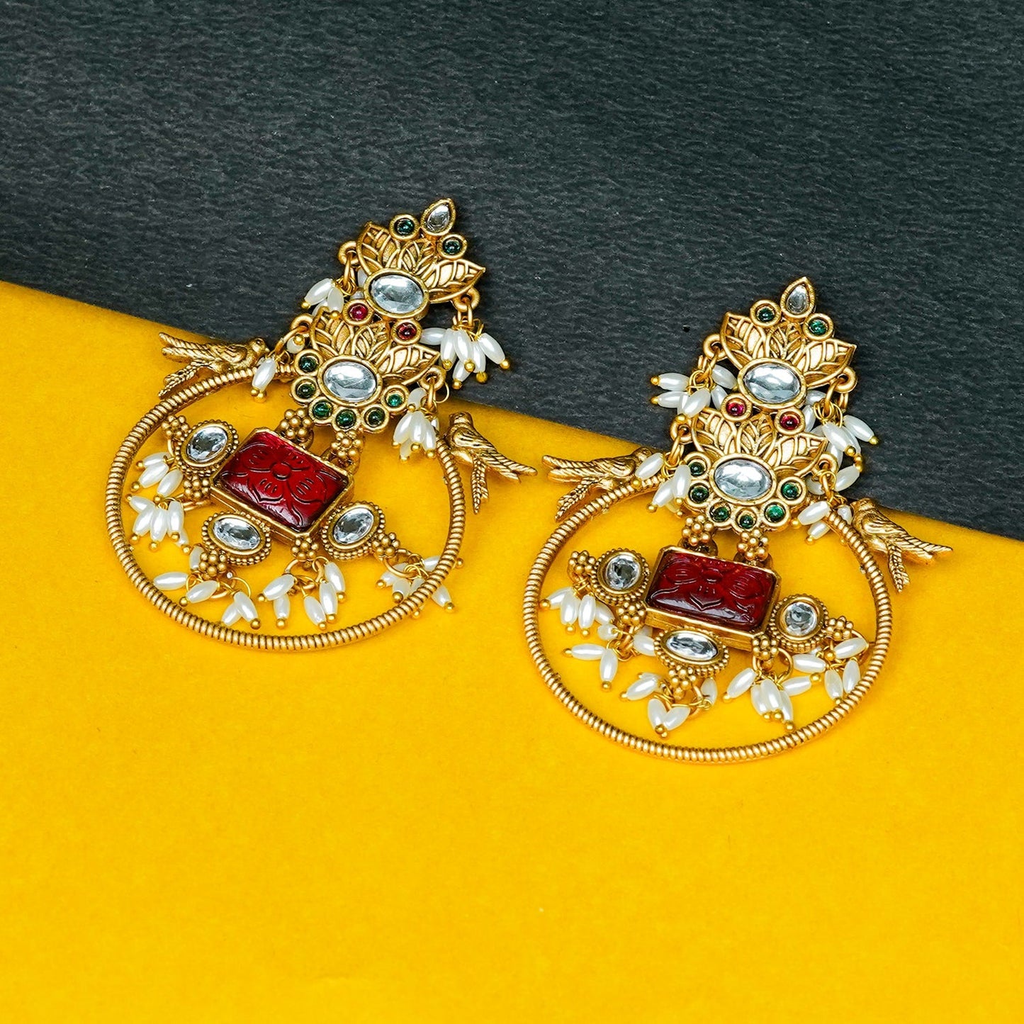 Zevar Club 18K Gold-Plated White Kundan Studded Bird Motif Drop Earrings with Pearls & Red Stone