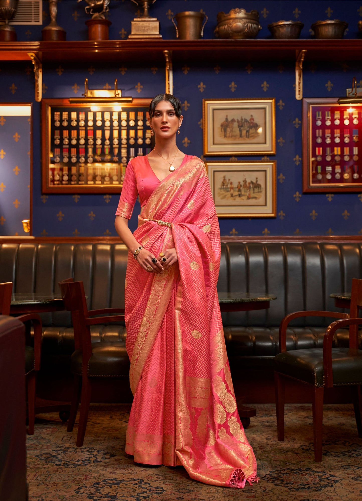 Peach Kazel Satin Silk Woven Saree