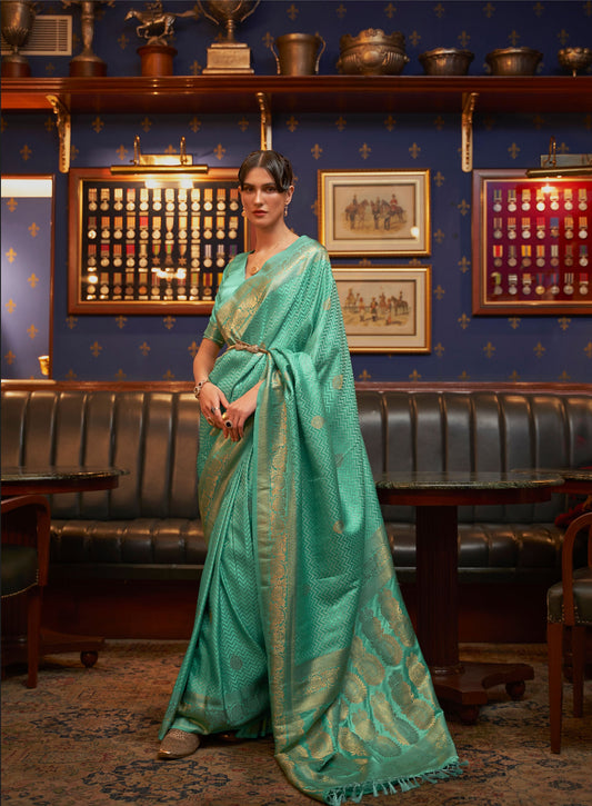 Green Kazel Satin Silk Woven Saree