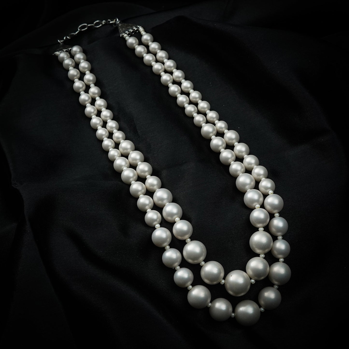 Zevar Club Metallic White, Brown, Grey Glossy Pearl Double Layer Royal Statement Necklace