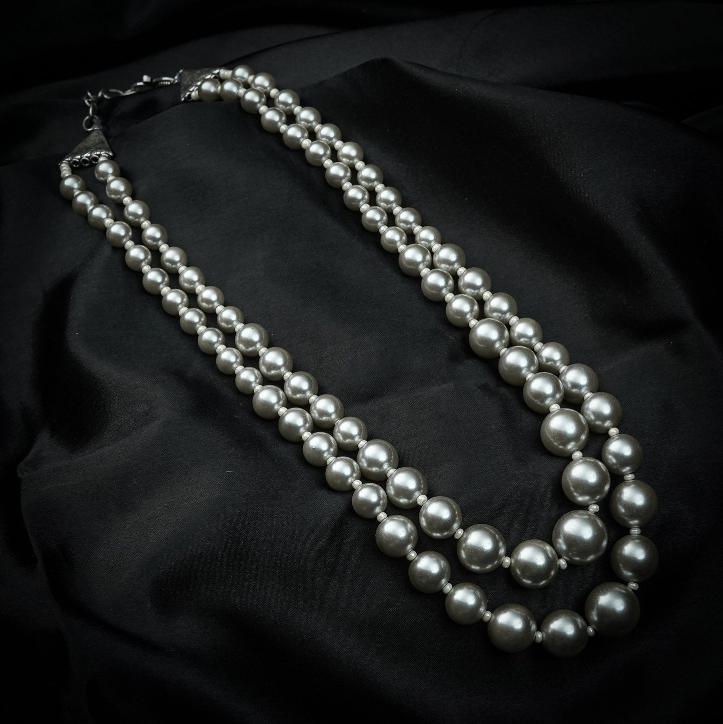 Zevar Club Metallic White, Brown, Grey Glossy Pearl Double Layer Royal Statement Necklace