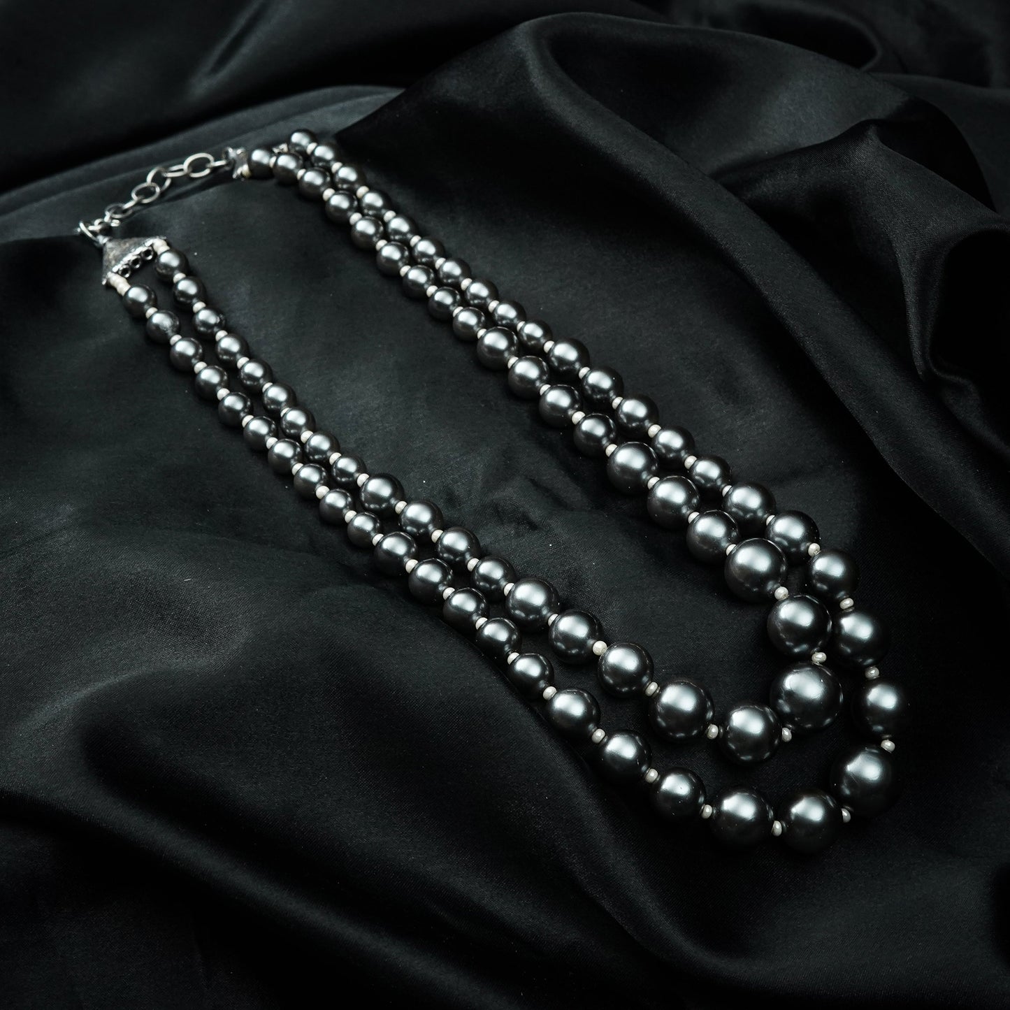 Zevar Club Metallic White, Brown, Grey Glossy Pearl Double Layer Royal Statement Necklace