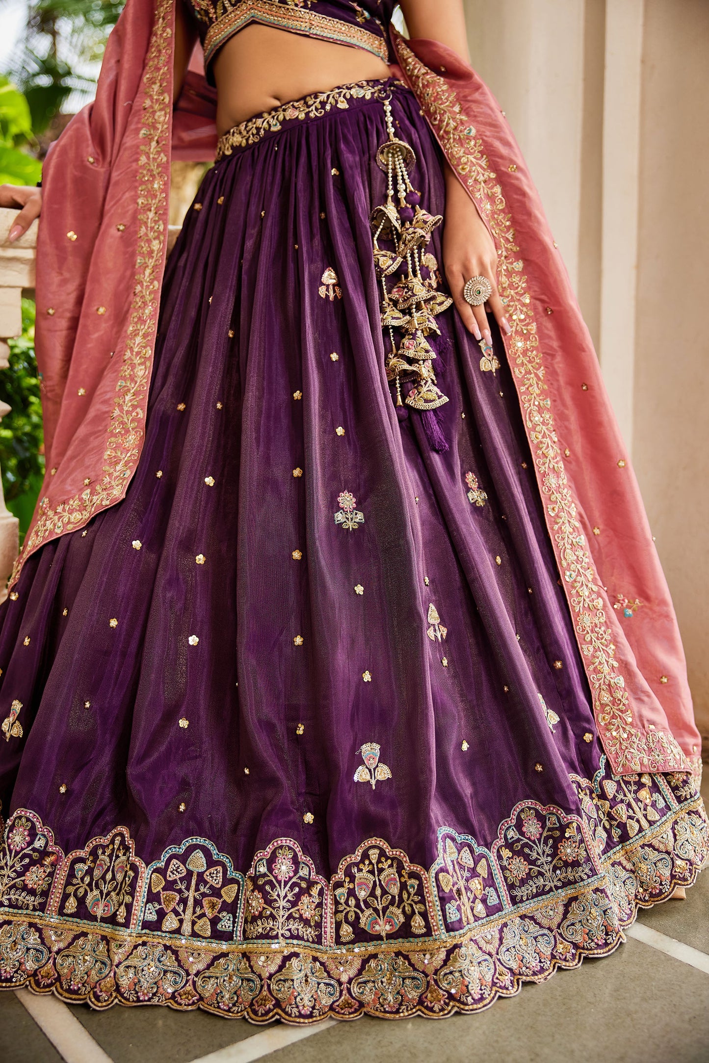 Burgundy colour Satin Sequins embroidery Lehenga choli & Dupatta
