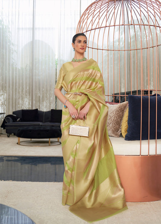 Olive Green Kelena Organza Lehriya Handloom Saree