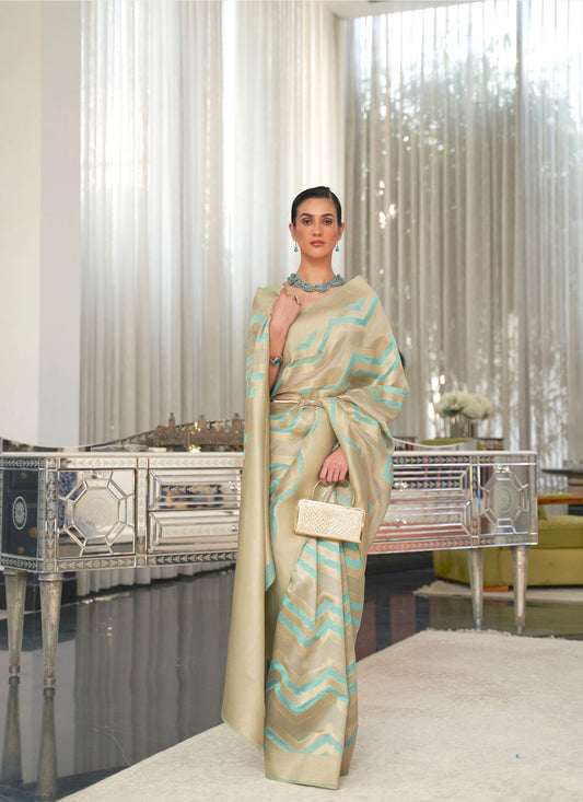 Light Beige Kelena Organza Lehriya Handloom Saree