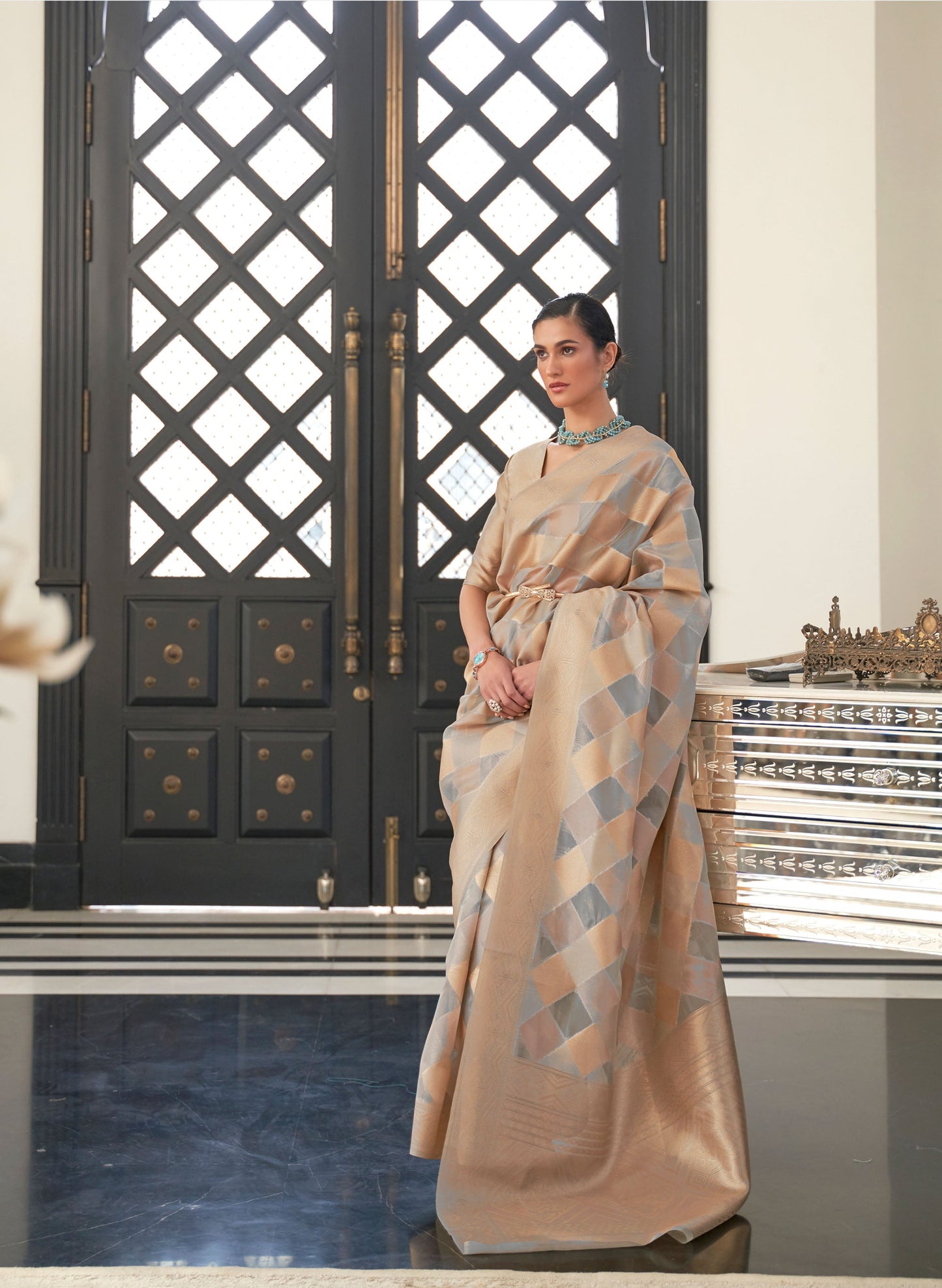 Beige Silver Kelena Organza Lehriya Handloom Saree