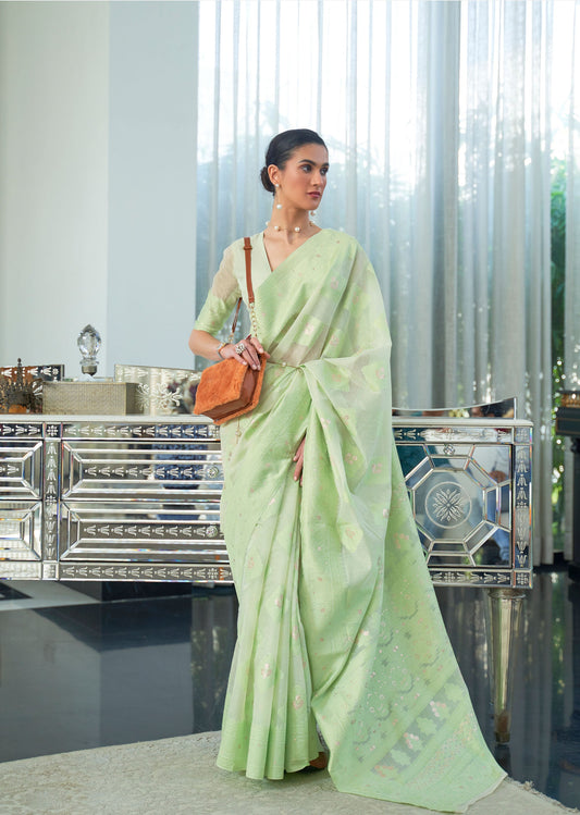 Green Kashidha Lucknowi Chikankari woven saree