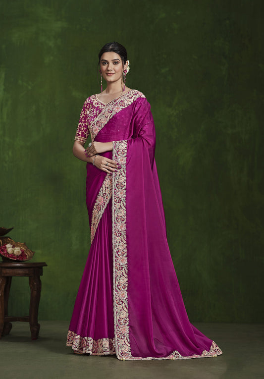 Pink Habotai Silk Sequins Hand Work Saree