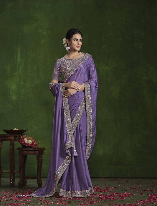 Purple Habotai Silk Sequins Hand Work Saree