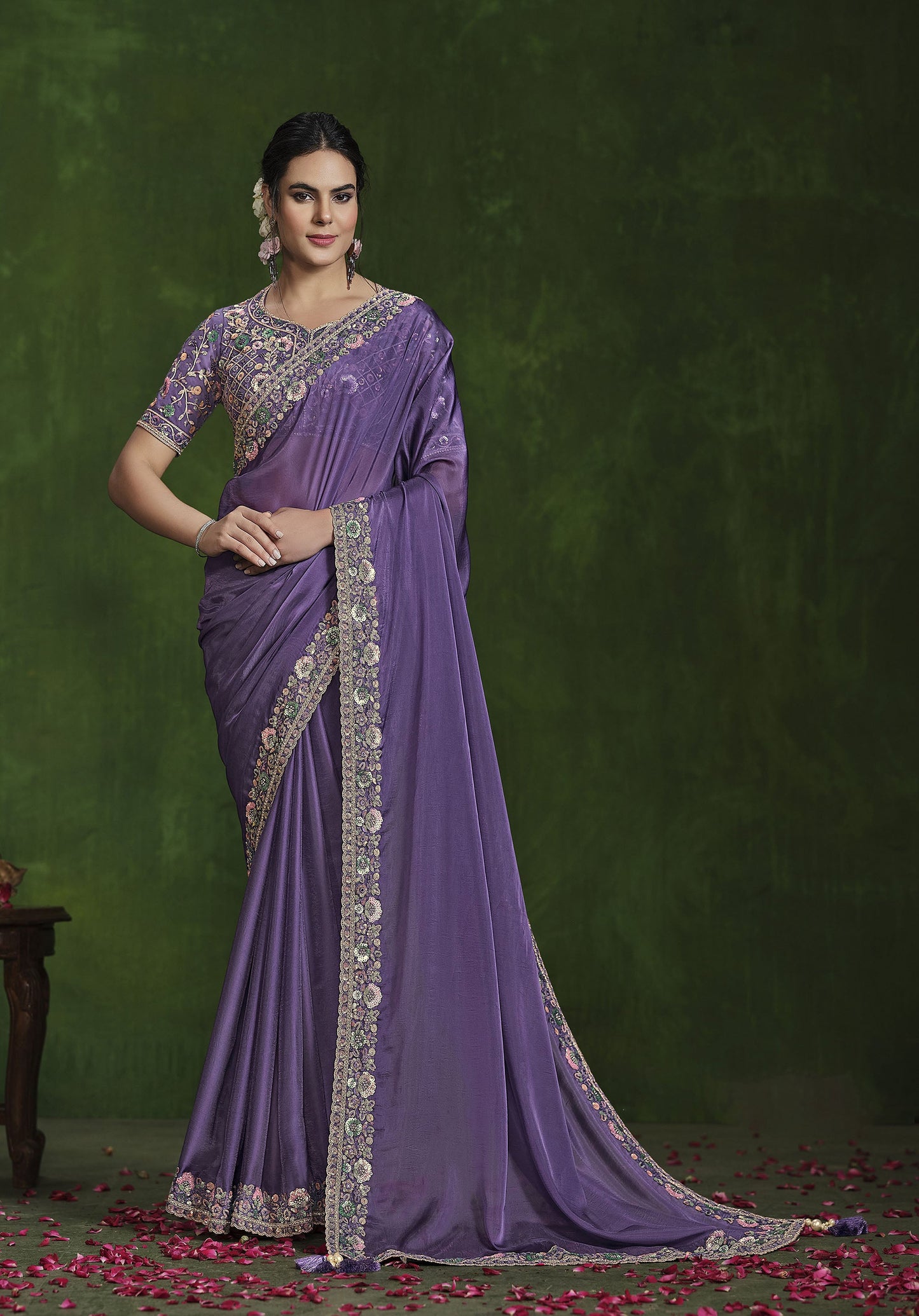 Purple Habotai Silk Sequins Hand Work Saree